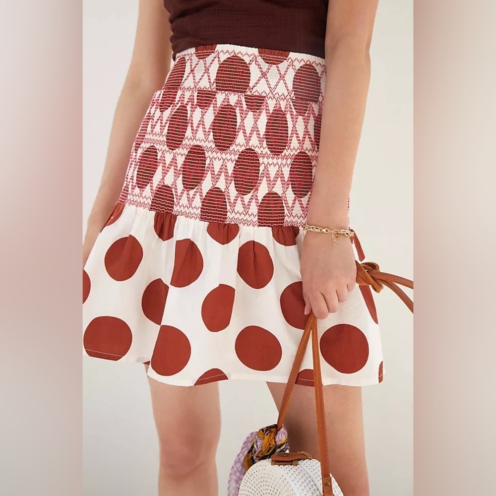 Anthropologie Maeve Falda Smocked Mini Polka Dot 100% Cotton Skirt / Size Small